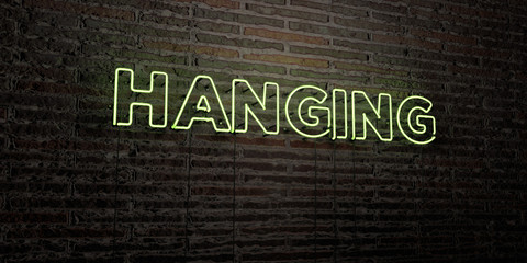 HANGING -Realistic Neon Sign on Brick Wall background - 3D rendered royalty free stock image. Can be used for online banner ads and direct mailers..