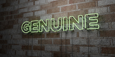 GENUINE - Glowing Neon Sign on stonework wall - 3D rendered royalty free stock illustration.  Can be used for online banner ads and direct mailers..