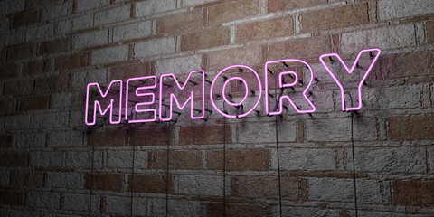 MEMORY - Glowing Neon Sign on stonework wall - 3D rendered royalty free stock illustration.  Can be used for online banner ads and direct mailers..