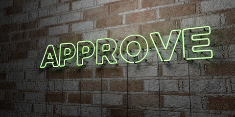 APPROVE - Glowing Neon Sign on stonework wall - 3D rendered royalty free stock illustration.  Can be used for online banner ads and direct mailers..