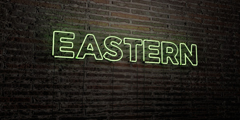 EASTERN -Realistic Neon Sign on Brick Wall background - 3D rendered royalty free stock image. Can be used for online banner ads and direct mailers..