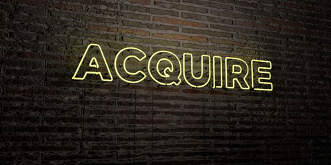 ACQUIRE -Realistic Neon Sign on Brick Wall background - 3D rendered royalty free stock image. Can be used for online banner ads and direct mailers..