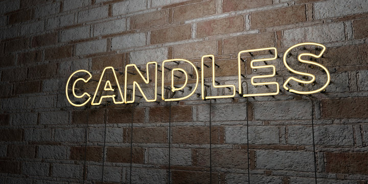 CANDLES - Glowing Neon Sign on stonework wall - 3D rendered royalty free stock illustration.  Can be used for online banner ads and direct mailers..