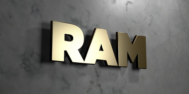 Ram - Gold sign mounted on glossy marble wall  - 3D rendered royalty free stock illustration. This image can be used for an online website banner ad or a print postcard.