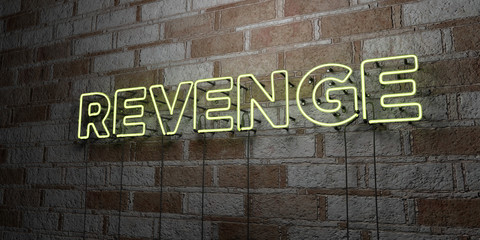 REVENGE - Glowing Neon Sign on stonework wall - 3D rendered royalty free stock illustration.  Can be used for online banner ads and direct mailers..