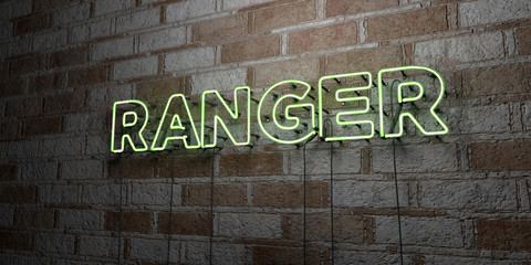 RANGER - Glowing Neon Sign on stonework wall - 3D rendered royalty free stock illustration.  Can be used for online banner ads and direct mailers..