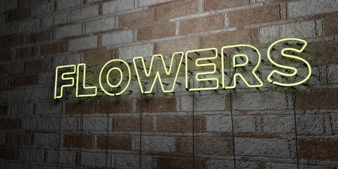 FLOWERS - Glowing Neon Sign on stonework wall - 3D rendered royalty free stock illustration.  Can be used for online banner ads and direct mailers..