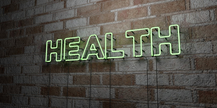 HEALTH - Glowing Neon Sign on stonework wall - 3D rendered royalty free stock illustration.  Can be used for online banner ads and direct mailers..