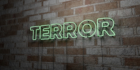 Fototapeta na wymiar TERROR - Glowing Neon Sign on stonework wall - 3D rendered royalty free stock illustration. Can be used for online banner ads and direct mailers..