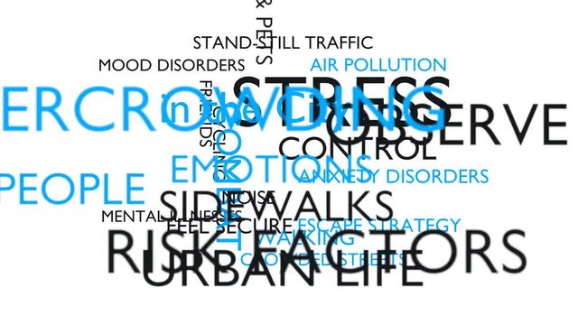 Stress in the city word tag cloud. White, English variant. 3D rendering, UHD.