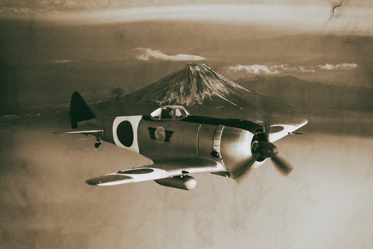 Nakajim Ki44 Japanese fighter of WW2 Vintage Photo Style Illustration