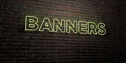BANNERS -Realistic Neon Sign on Brick Wall background - 3D rendered royalty free stock image. Can be used for online banner ads and direct mailers..