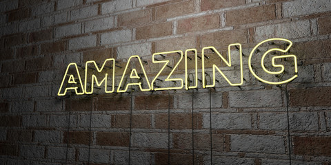 AMAZING - Glowing Neon Sign on stonework wall - 3D rendered royalty free stock illustration.  Can be used for online banner ads and direct mailers..