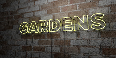GARDENS - Glowing Neon Sign on stonework wall - 3D rendered royalty free stock illustration.  Can be used for online banner ads and direct mailers..