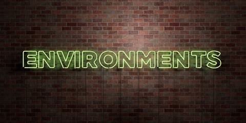ENVIRONMENTS - fluorescent Neon tube Sign on brickwork - Front view - 3D rendered royalty free stock picture. Can be used for online banner ads and direct mailers..