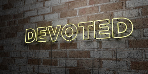 DEVOTED - Glowing Neon Sign on stonework wall - 3D rendered royalty free stock illustration.  Can be used for online banner ads and direct mailers..