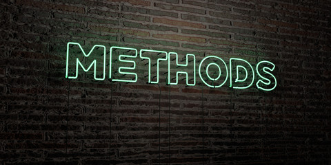 METHODS -Realistic Neon Sign on Brick Wall background - 3D rendered royalty free stock image. Can be used for online banner ads and direct mailers..