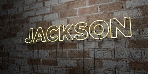JACKSON - Glowing Neon Sign on stonework wall - 3D rendered royalty free stock illustration.  Can be used for online banner ads and direct mailers..