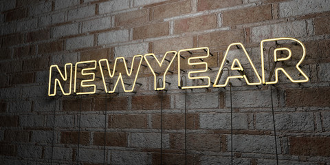 NEWYEAR - Glowing Neon Sign on stonework wall - 3D rendered royalty free stock illustration.  Can be used for online banner ads and direct mailers..