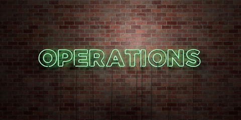 OPERATIONS - fluorescent Neon tube Sign on brickwork - Front view - 3D rendered royalty free stock picture. Can be used for online banner ads and direct mailers..