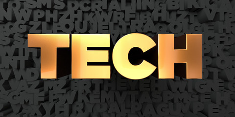 Tech - Gold text on black background - 3D rendered royalty free stock picture. This image can be used for an online website banner ad or a print postcard.