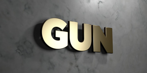 Gun - Gold sign mounted on glossy marble wall  - 3D rendered royalty free stock illustration. This image can be used for an online website banner ad or a print postcard.
