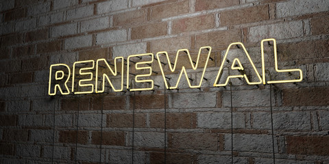 RENEWAL - Glowing Neon Sign on stonework wall - 3D rendered royalty free stock illustration.  Can be used for online banner ads and direct mailers..