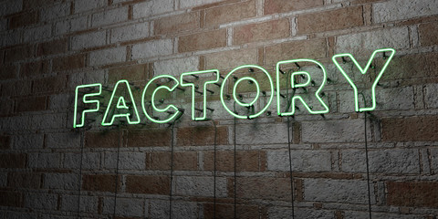 FACTORY - Glowing Neon Sign on stonework wall - 3D rendered royalty free stock illustration.  Can be used for online banner ads and direct mailers..