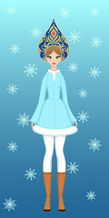 Girl in winter coat Siem reap and to the Russian crown. Russian winter Princess. The woman on the background of snowflakes. The national symbol of New Year. Vector illustration.