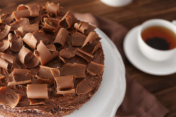 Delicious chocolate cake with tea