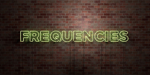 FREQUENCIES - fluorescent Neon tube Sign on brickwork - Front view - 3D rendered royalty free stock picture. Can be used for online banner ads and direct mailers..