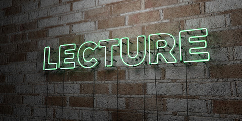 LECTURE - Glowing Neon Sign on stonework wall - 3D rendered royalty free stock illustration.  Can be used for online banner ads and direct mailers..