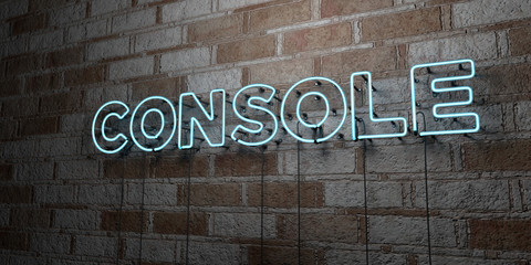CONSOLE - Glowing Neon Sign on stonework wall - 3D rendered royalty free stock illustration.  Can be used for online banner ads and direct mailers..