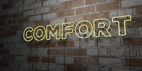 COMFORT - Glowing Neon Sign on stonework wall - 3D rendered royalty free stock illustration.  Can be used for online banner ads and direct mailers..