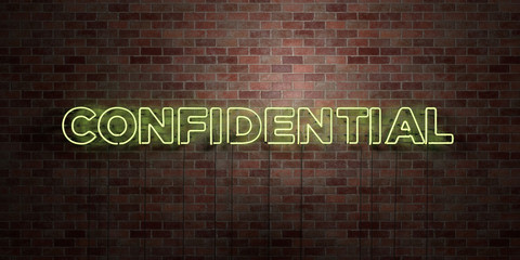 CONFIDENTIAL - fluorescent Neon tube Sign on brickwork - Front view - 3D rendered royalty free stock picture. Can be used for online banner ads and direct mailers..