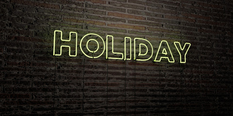 HOLIDAY -Realistic Neon Sign on Brick Wall background - 3D rendered royalty free stock image. Can be used for online banner ads and direct mailers..