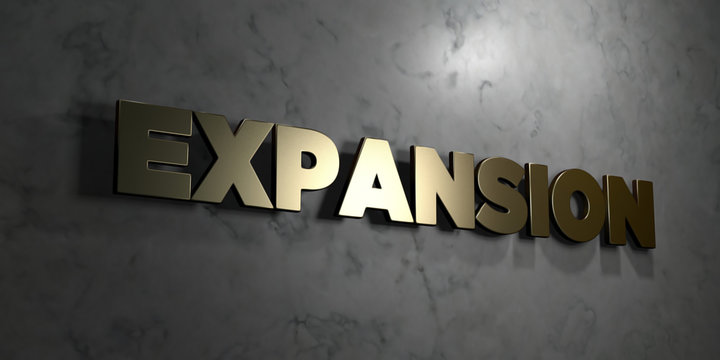 Expansion - Gold sign mounted on glossy marble wall  - 3D rendered royalty free stock illustration. This image can be used for an online website banner ad or a print postcard.