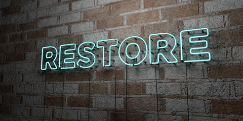 Fototapeta na wymiar RESTORE - Glowing Neon Sign on stonework wall - 3D rendered royalty free stock illustration. Can be used for online banner ads and direct mailers..