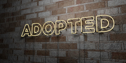 ADOPTED - Glowing Neon Sign on stonework wall - 3D rendered royalty free stock illustration.  Can be used for online banner ads and direct mailers..