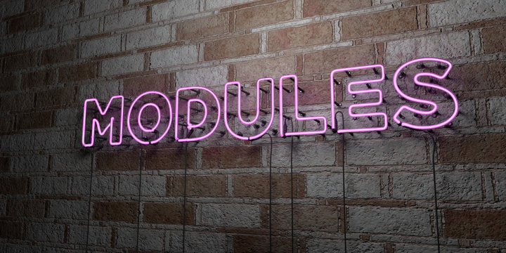 MODULES - Glowing Neon Sign on stonework wall - 3D rendered royalty free stock illustration.  Can be used for online banner ads and direct mailers..