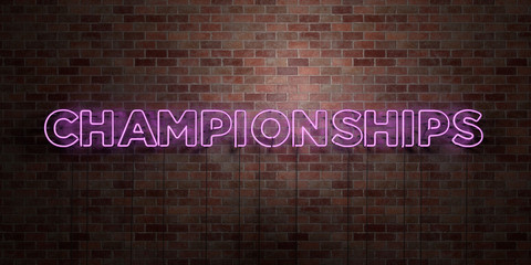 CHAMPIONSHIPS - fluorescent Neon tube Sign on brickwork - Front view - 3D rendered royalty free stock picture. Can be used for online banner ads and direct mailers..