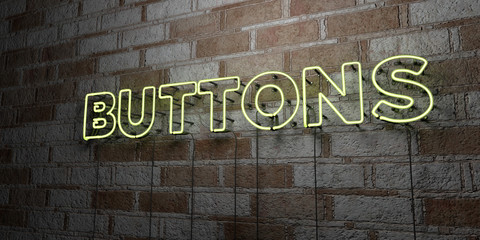BUTTONS - Glowing Neon Sign on stonework wall - 3D rendered royalty free stock illustration.  Can be used for online banner ads and direct mailers..