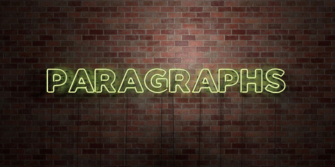 PARAGRAPHS - fluorescent Neon tube Sign on brickwork - Front view - 3D rendered royalty free stock picture. Can be used for online banner ads and direct mailers..