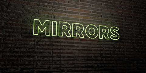 MIRRORS -Realistic Neon Sign on Brick Wall background - 3D rendered royalty free stock image. Can be used for online banner ads and direct mailers..