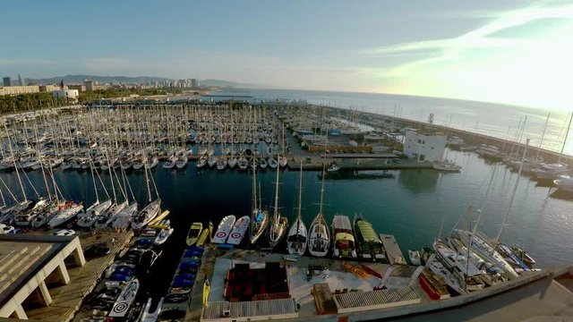 Aerial view. Berth yacht and boats off the coast of Barcelona. Spain. ProRess. 4K.
