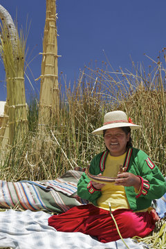 Portrait of a Uros Indian woman, Islas Flotantes (Floating Islands), Lake Titicaca, Peru
