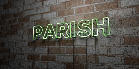 PARISH - Glowing Neon Sign on stonework wall - 3D rendered royalty free stock illustration.  Can be used for online banner ads and direct mailers..