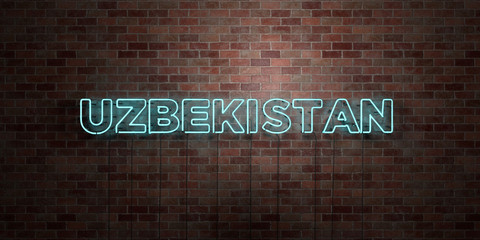 UZBEKISTAN - fluorescent Neon tube Sign on brickwork - Front view - 3D rendered royalty free stock picture. Can be used for online banner ads and direct mailers..