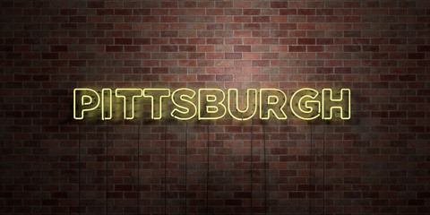 PITTSBURGH - fluorescent Neon tube Sign on brickwork - Front view - 3D rendered royalty free stock picture. Can be used for online banner ads and direct mailers.. - obrazy, fototapety, plakaty