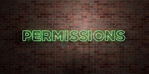 PERMISSIONS - fluorescent Neon tube Sign on brickwork - Front view - 3D rendered royalty free stock picture. Can be used for online banner ads and direct mailers..